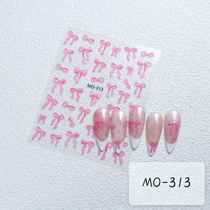 Bowknot Nail Stickers 3D Relief White Ribbon Cute Sweet Pink