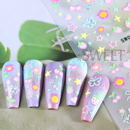 2pcs Sweet Element Nail Art Stickers Simple Flower Heart Cherry