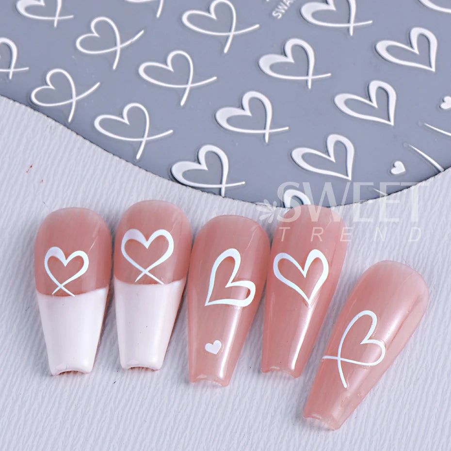3pcs Valentine's Day Nail Art Stickers 3D Black White Pink Lines Love
