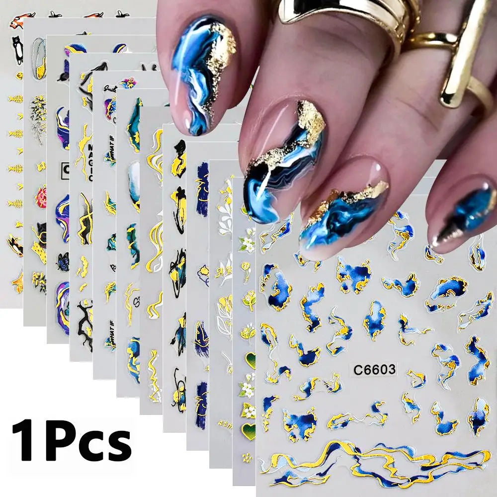 1Pcs 3D Blue Purple Marble Stripe Nail Art Stickers Bronzing Wave Line