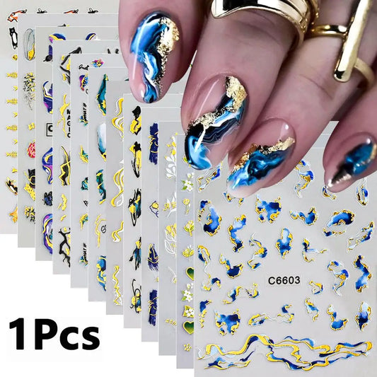 1Pcs 3D Blue Purple Marble Stripe Nail Art Stickers Bronzing Wave Line
