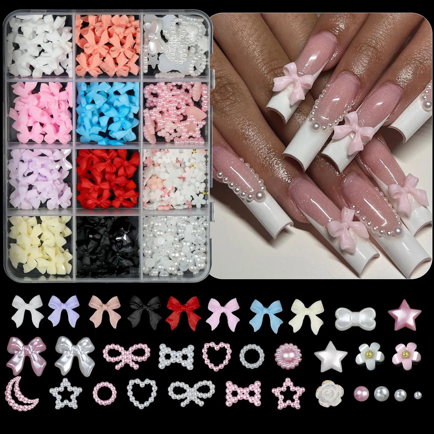12/15Grids/box Mixed Resin Bowknot Nail Art Decorations 3D Acrylic