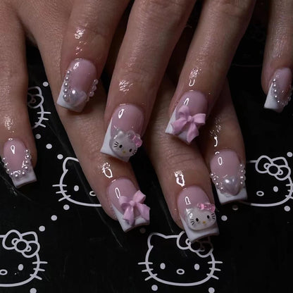 24 Medium Square Nail Pink French Cute Cartoon Cat White Love Camellia