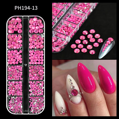 12Grids SS6-SS30 Mixed Nail Rhinestones Shiny Clear/Gold/Pink/Blue