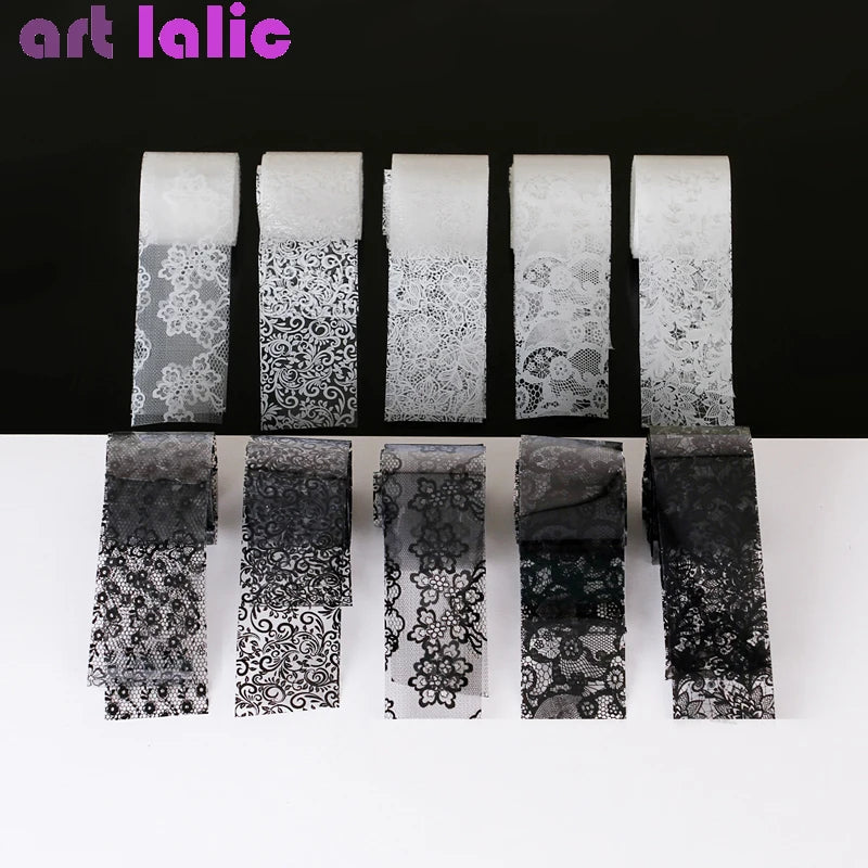 10 Rolls 2.5*60cm New Black White Lace Transfer Foil Nail Art Sexy