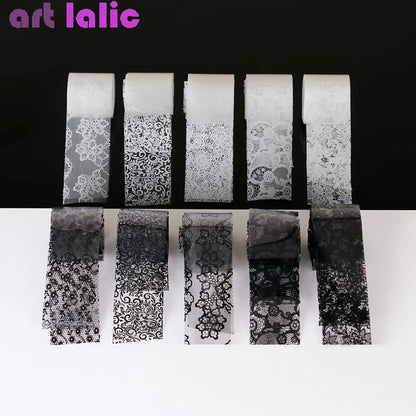 10 Rolls 2.5*60cm New Black White Lace Transfer Foil Nail Art Sexy
