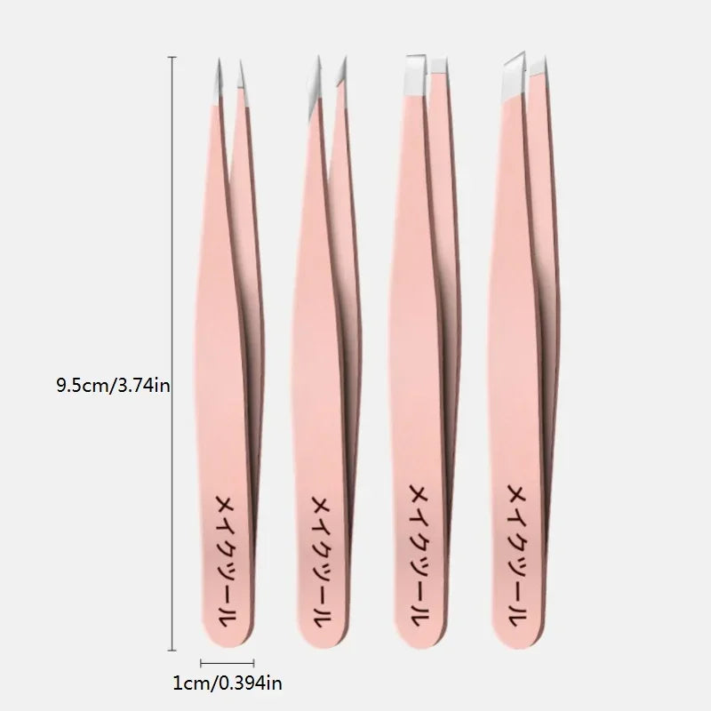 4 Sets of Pink Tweezers for Daily Cleaning of Eyebrows, Eyelashes and