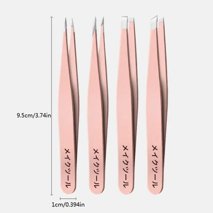 4 Sets of Pink Tweezers for Daily Cleaning of Eyebrows, Eyelashes and