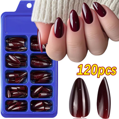 120Pcs Wine Red Almond Press On Nails Full Coverage Fake Nail Tip