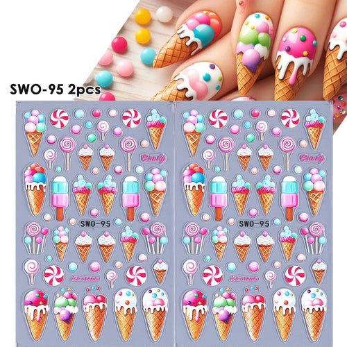 2pcs Sweet Element Nail Art Stickers Simple Flower Heart Cherry