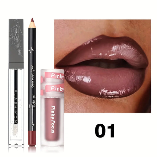 3PCS Glossy Lip Set, Shimmer Lip Gloss + Lip Oil + Lip Liner,