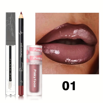 3PCS Glossy Lip Set, Shimmer Lip Gloss + Lip Oil + Lip Liner,