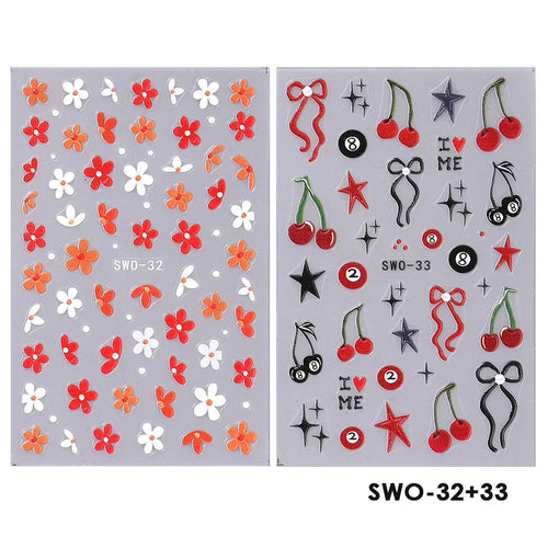 2pcs Sweet Element Nail Art Stickers Simple Flower Heart Cherry