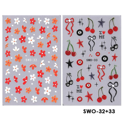 2pcs Sweet Element Nail Art Stickers Simple Flower Heart Cherry