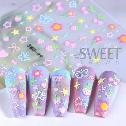 2pcs Sweet Element Nail Art Stickers Simple Flower Heart Cherry