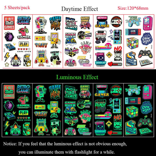 5 Sheets Luminous Tattoo Stickers Temporary Colorful Animal Dinosaur