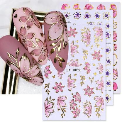 2/3pcs Golden Pink Hibiscus Flower Nail Stickers 3D Bronzing Border