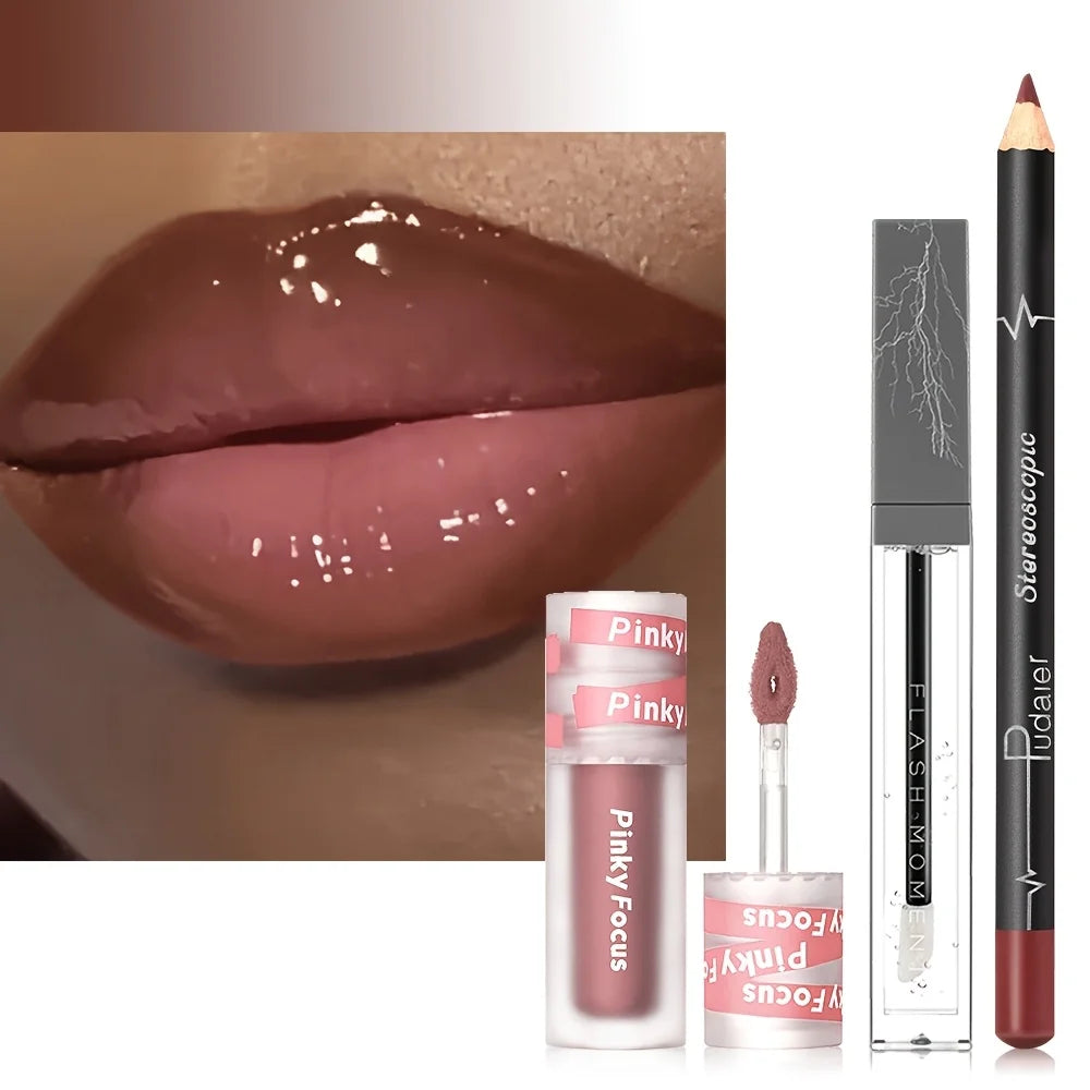 3PCS Glossy Lip Set, Shimmer Lip Gloss + Lip Oil + Lip Liner,