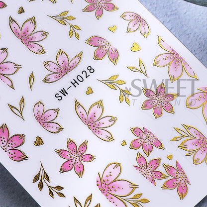 2/3pcs Golden Pink Hibiscus Flower Nail Stickers 3D Bronzing Border