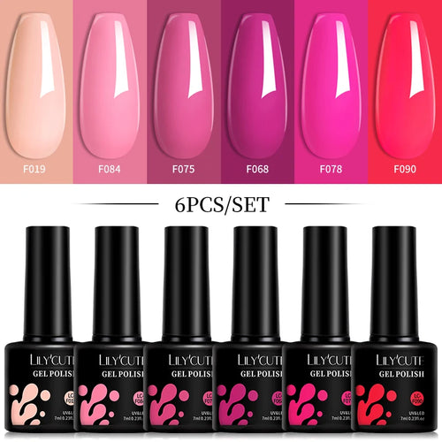 LILYCUTE 6Pcs/Set 7ML Gel DIY Nail Polish Bright Pink Semi Permanent