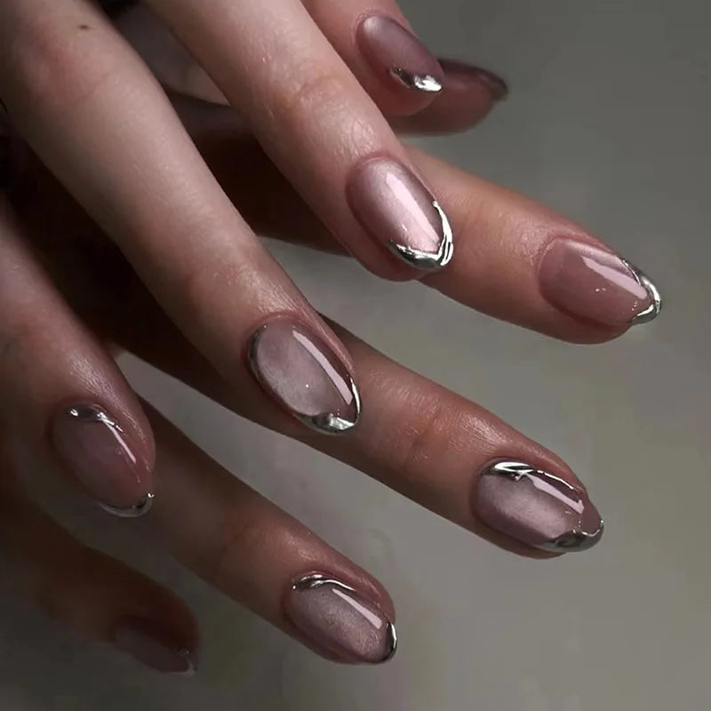 24Pcs Cute Oval False Nails Reusable And Adhesives Aesthetic False Almond Nails Complete Nail Kit Acrylic Press On Set For Gel