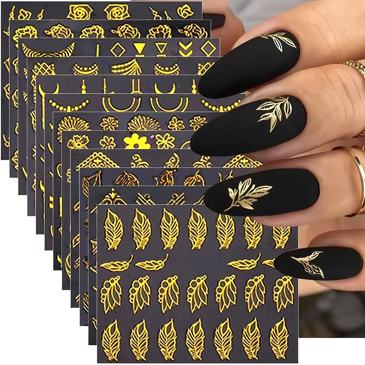 30 Sheets Golden Floral Nail Art Stickers - 3D Self-Adhesive