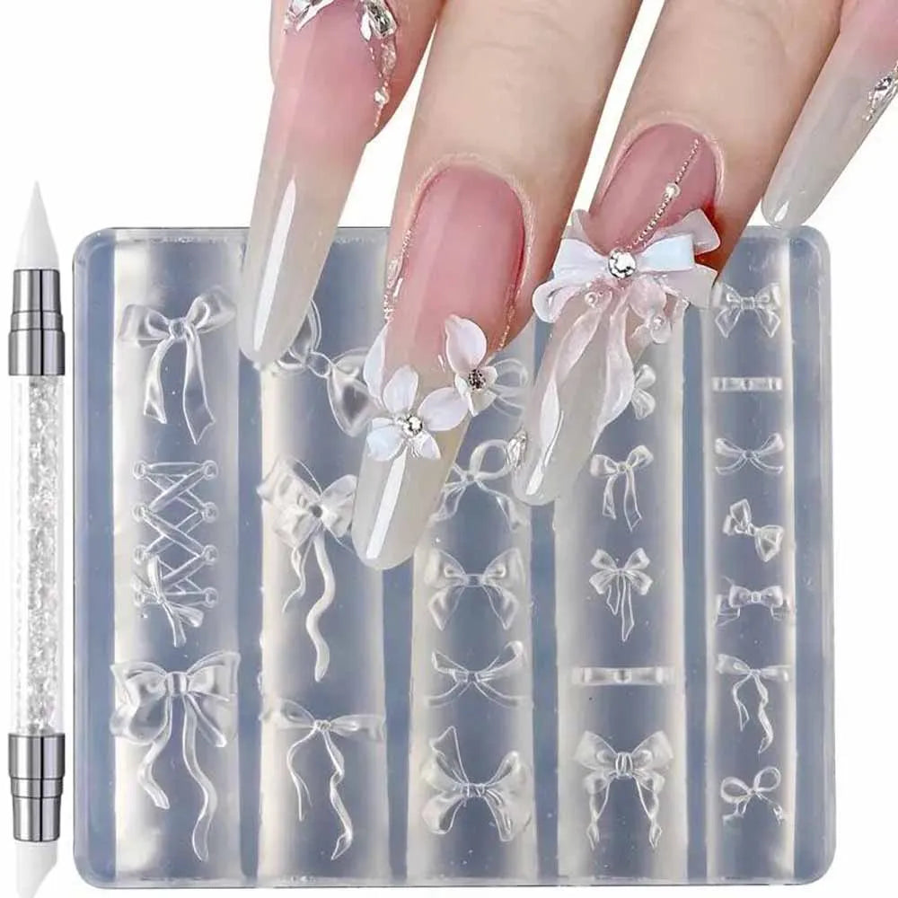 1Pcs 3D Bowknot Silicone Nail Molds+1Carving Pen Y2K Ballet Style