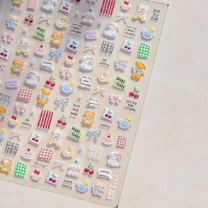 Cute Animals Bear Dog Cake Sweet Cherry Grid Bowknot Star Line Fruit