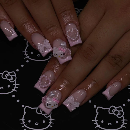 24 Medium Square Nail Pink French Cute Cartoon Cat White Love Camellia