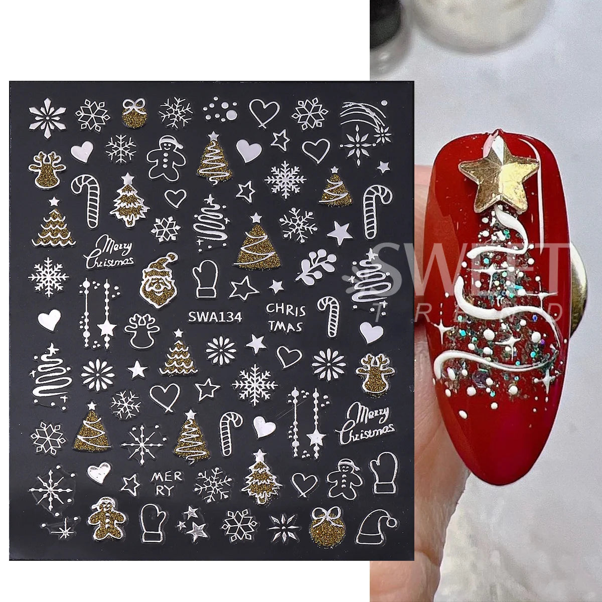 2pcs Gold Silver Christmas 3D Nail Stickers Reflective Glitter Xmas