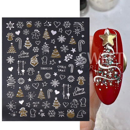 2pcs Gold Silver Christmas 3D Nail Stickers Reflective Glitter Xmas