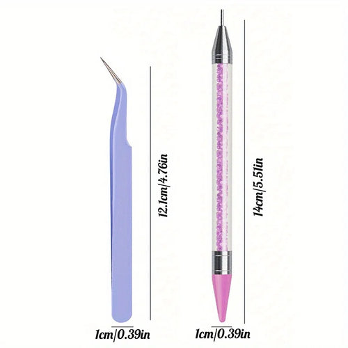 2Pcs set of manicure double-ended diamond pens with crayons stainless