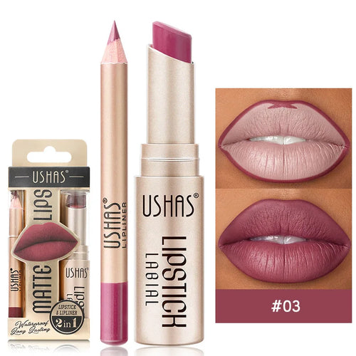 USHAS 12 Color Lip Liner + LIPSTICK Set Easy Coloring Matte Lipstick