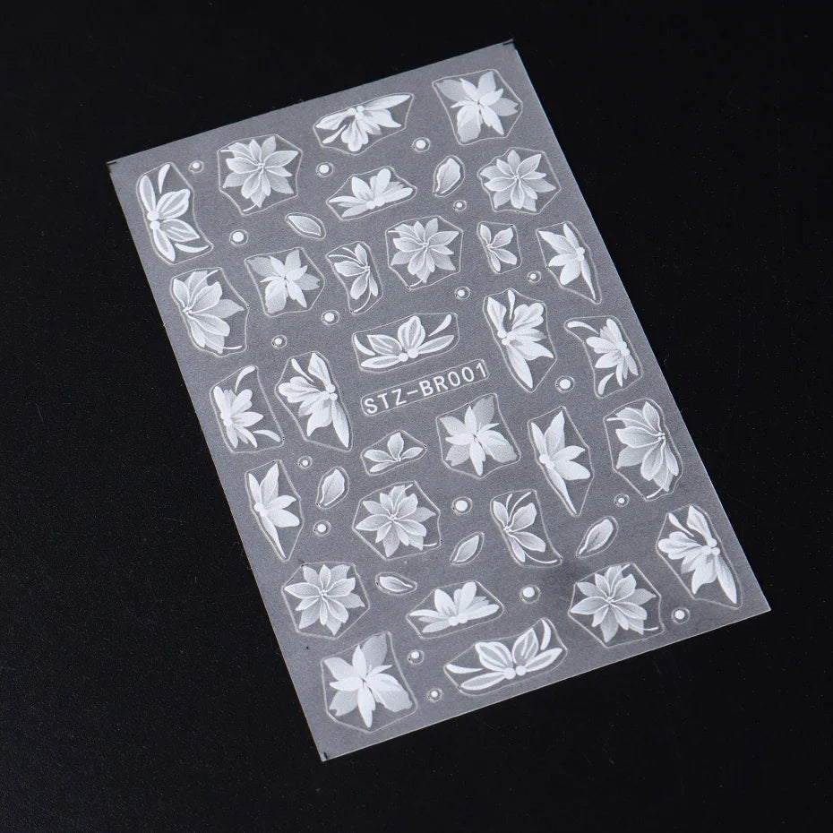 3D White Flower Nail Art Stickers Cute Floral Adhesive Sliders Acrylic