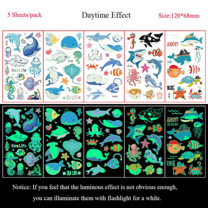 5 Sheets Luminous Tattoo Stickers Temporary Colorful Animal Dinosaur
