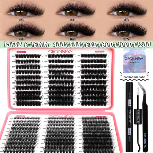GROINNEYA DIY Lash Clusters Kit Mixed Tray Eyelash Extension Full Set