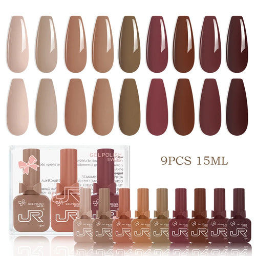 JR 9pcs 15ml gel nail polish set Including Red Pink Nude Gel Polish