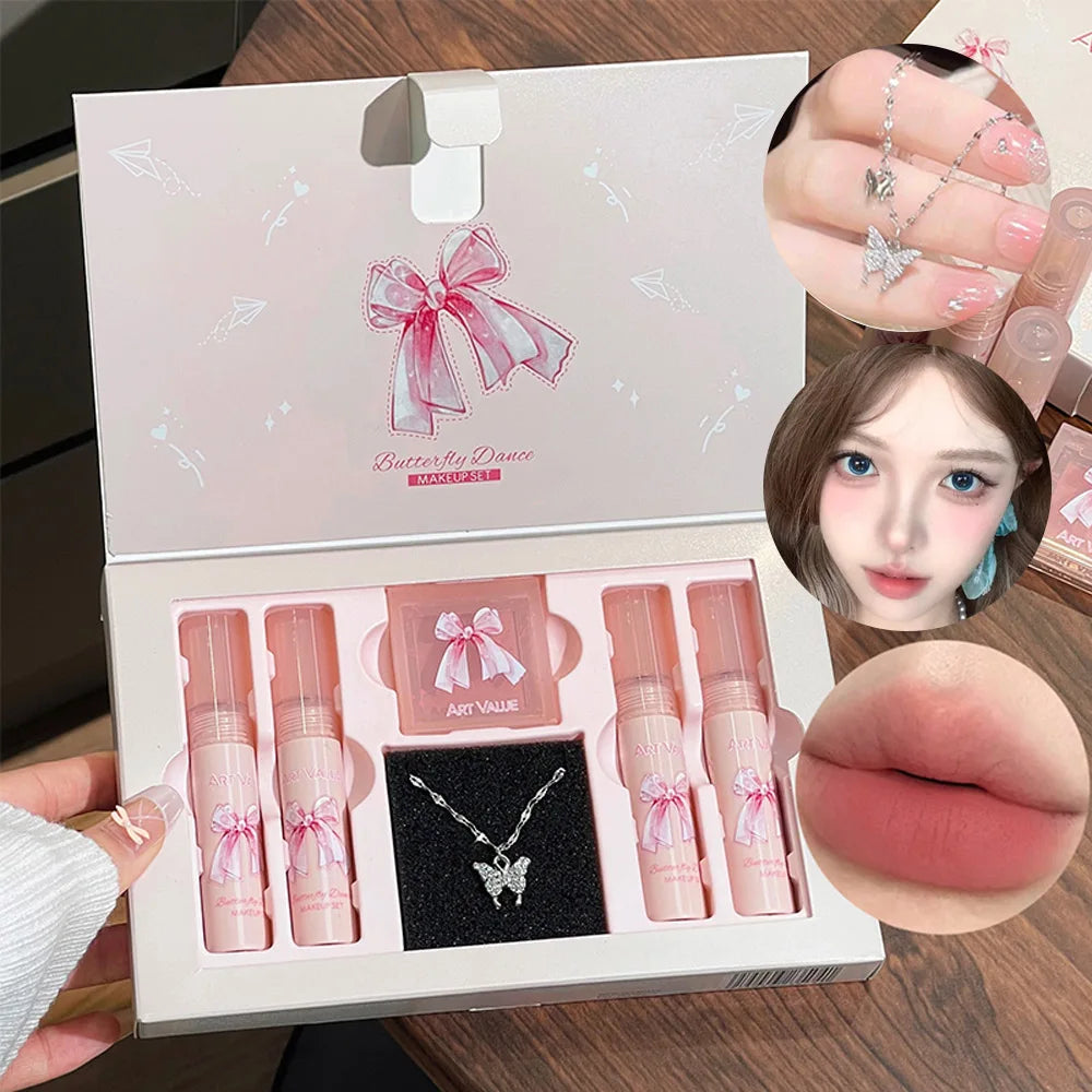 Art Value Butterfly Dance Color Box Four Lip Glaze Blush Set Necklace