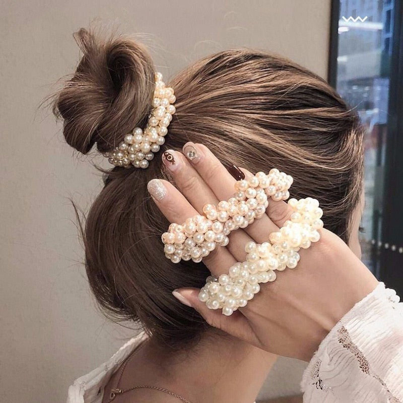 deanwangkt Girls Scrunchies Luxury Big Elegant White Pearl Hair Ties Beads Rubber Bands Ponytail Holders Hair Accessories Elastic Hair Band