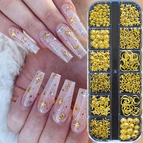 12Grids Ocean Gold Nail Art Charms Shell/Seahorse/Starfish White Half