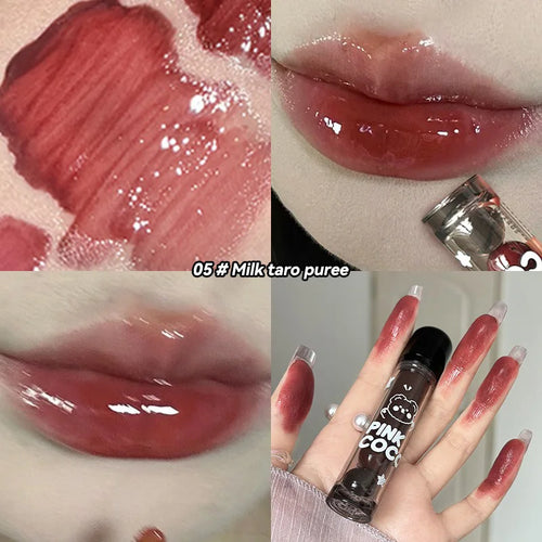 PINKCOCO Bear Doodle Mirror Lip Glaze — Long-Lasting Shiny Lip Gloss,