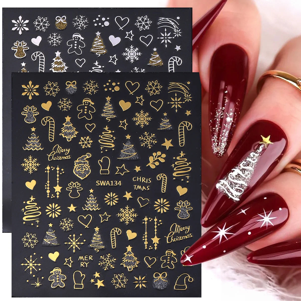2pcs Gold Silver Christmas 3D Nail Stickers Reflective Glitter Xmas