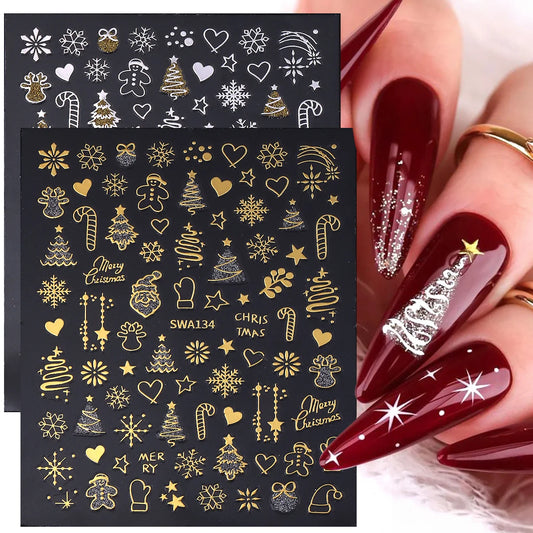2pcs Gold Silver Christmas 3D Nail Stickers Reflective Glitter Xmas