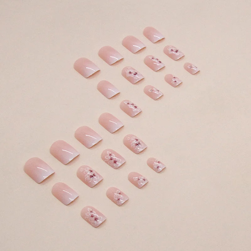 24 PCs Short French Simple Gradient Flower Nails with 1 Jelly Glue and