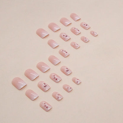 24 PCs Short French Simple Gradient Flower Nails with 1 Jelly Glue and