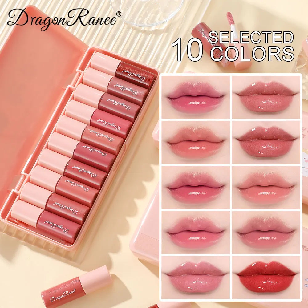 Set of 10 Fine Shimmer Lip Glosses, Easy-To-Apply Lip Glaze,