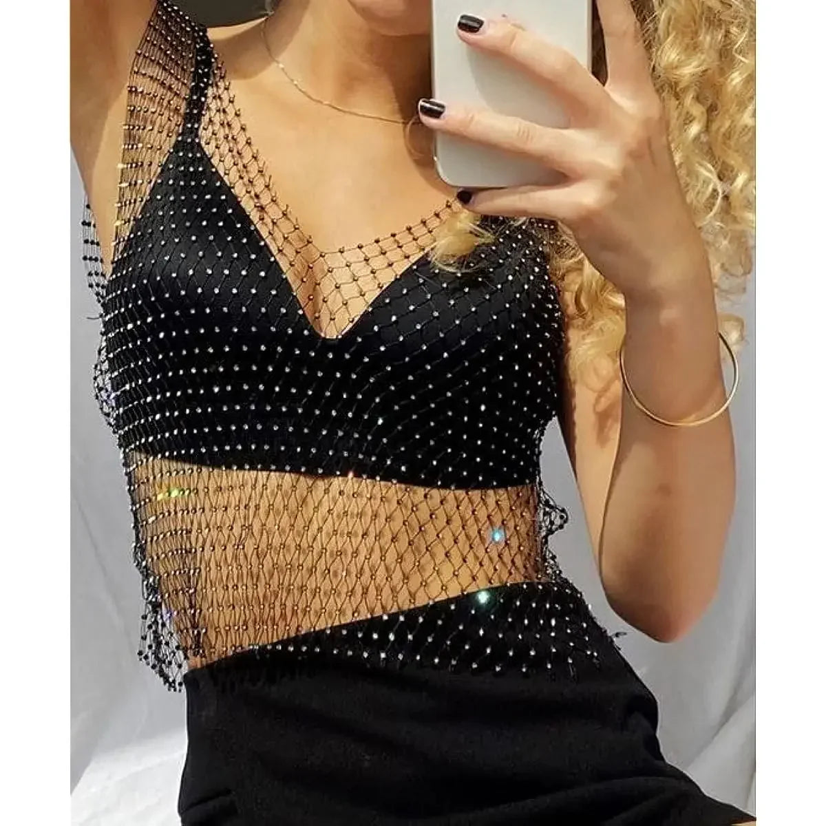 Sexy Shiny Rhinestone Fishnet Women Y2K Tank Tops See Through Crop Top Summer Beach Cover Up Tops Party Nightclub Women Clothing