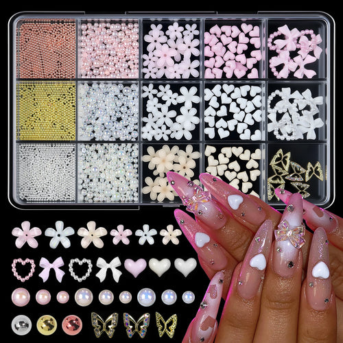 12/15Grids/box Mixed Resin Bowknot Nail Art Decorations 3D Acrylic