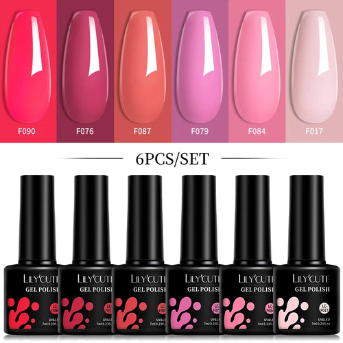 LILYCUTE 6Pcs/Set 7ML Gel DIY Nail Polish Bright Pink Semi Permanent