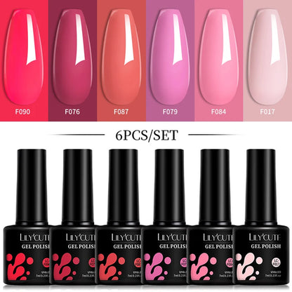 LILYCUTE 6Pcs/Set 7ML Gel DIY Nail Polish Bright Pink Semi Permanent